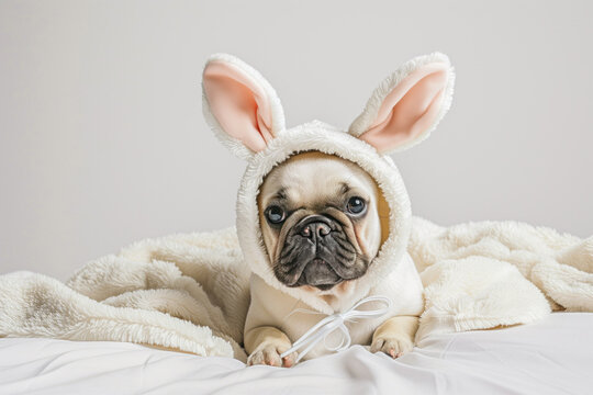 Cute French bulldog puppy with soft pink Easter bunny ears on, posing lying on a blanket, covered with a blanket on a light background. Easter conc