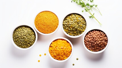 Assorted legumes and grains in bowls on white background. Top view. Concept of vegetarian protein sources, healthy eating, and dietary diversity.