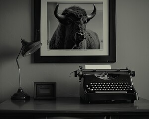 Buffalo in a classic 60s office, black and white, using a typewriter, old telephone on the desk, minimalist style