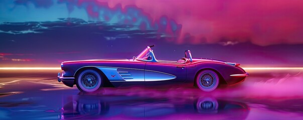 Bunny's holiday journey in a neon-drenched, classic sports car, capturing the essence of retro nightlife and freedom - obrazy, fototapety, plakaty