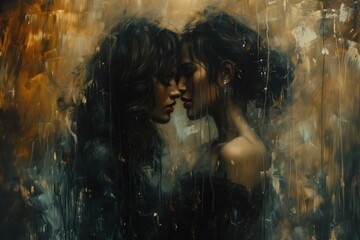 Two women in love are about to kiss, touching their faces, while experiencing a range of positive feelings. Concept of happy, sensual love and relationships