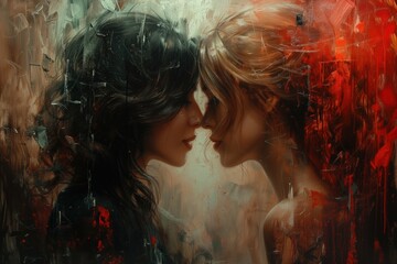Two women in love are about to kiss, touching their faces, while experiencing a range of positive feelings. Concept of happy, sensual love and relationships