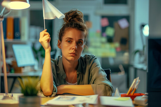 Burnt Out White Woman Waving White Flag at Work Quiet Quitting