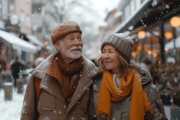 An elderly couple, a man and a woman in jackets, walk in a good mood with smiles along the winter city streets