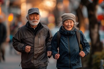 Fototapeta premium Active gray-haired Asian pensioners man and woman jogging with backpacks around the city in early spring