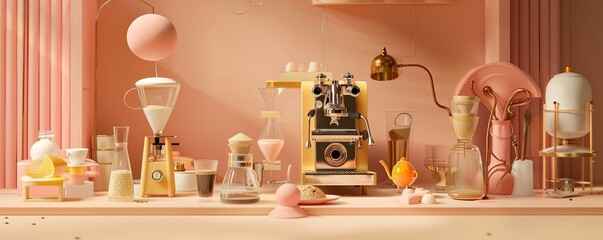 A tiny world of coffee making, figures and machine in harmony, wrapped in gentle pastel ambiance