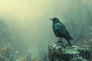 Crow perched on a rock in the morning fog