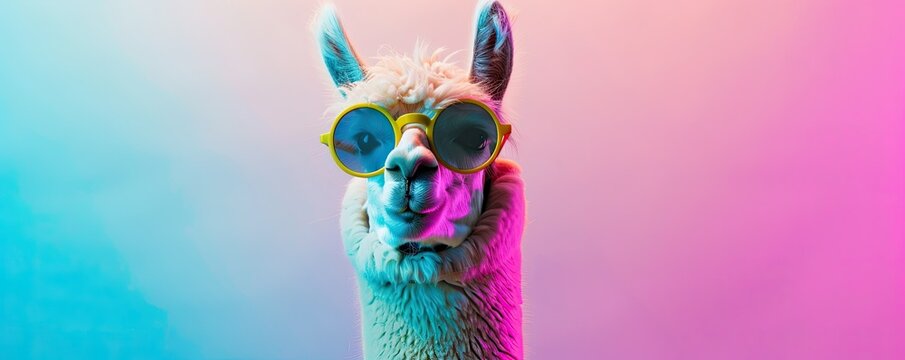 Alpaca DJ in round sunglasses, pastel pop art disco, vibrant party atmosphere, cool and collected