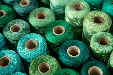 A close-up of spools of green thread, seen from above and from the side.