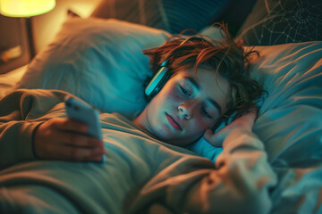 White Teenager Boy on Phone with Headphones in Bed in Bedroom