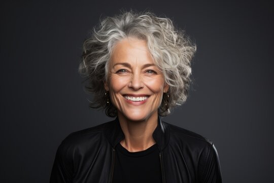 Portrait Of A Happy Senior Woman With Grey Hair, Isolated On Black Background