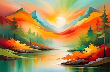 The abstract autumn mountain landscape. Imitation of oil paint. Illustration by Generative AI.