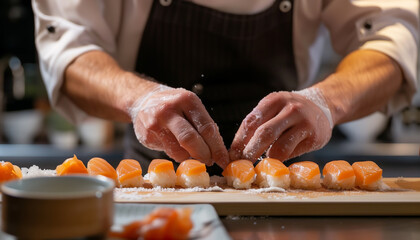 Obraz na płótnie Canvas Chef hands cooking nigiri sushi.