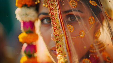Mulher em traje indiano tradicional em cerimônia religiosa diante de fundo vibrante de flores de cacto - Powered by Adobe