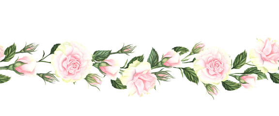 Seamless pattern border with pink flowers, leaves, vintage watercolor floral hand drawn with leaf and rose, pastel color, seamless floral strip, rim, seamless band for cards, wedding or fabric.