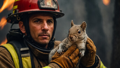 male firefighter holds a rescued squirrel in his arms outdoors