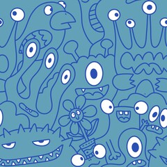 Cartoon monsters seamless funny aliens and rabbit and cactus and flower pattern for wrapping paper and linens