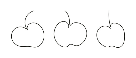 Continuous one line drawing of three apple. Whole fruit. Healthy dessert. Line art. Isolated on white backdrop. Design element for print, greeting, postcard, scrapbooking, coloring book. Set - obrazy, fototapety, plakaty