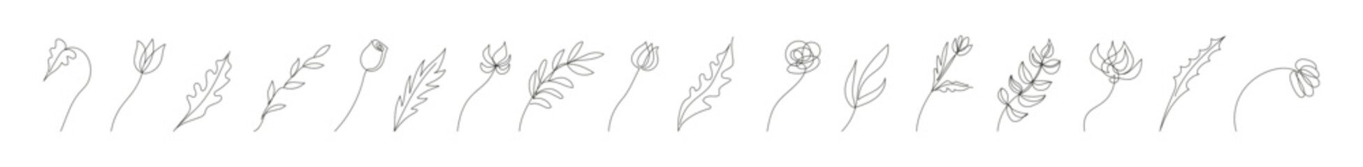 Collection of floral design elements in continuous one line drawing style. Flowers, plants, leaves, branches. Line art. White backdrop. For print, postcard, scrapbooking, coloring book.
