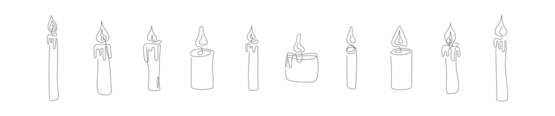 Set of wax candles with flames. Burning decorative aroma candles. Continuous one line drawing. Line art. Isolated on white backdrop. Design elements for print, greeting, postcard. Black and white