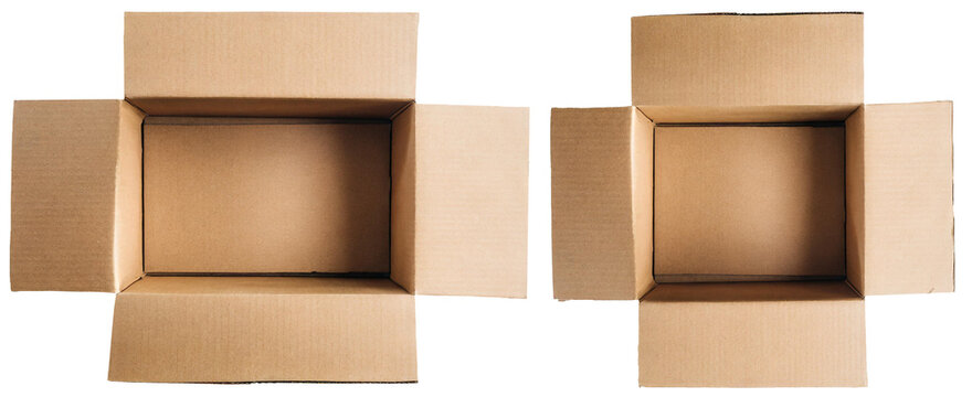 Two empty open cardboard boxes viewed from above, isolated on white transparent background PNG. top view, png