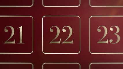 Red door number 22 twenty two opening calendar reveal, updateable green screen revealing transition sting, 3D gold xmas festive golden numbered doors shiny video, Christmas Advent Calendar animation