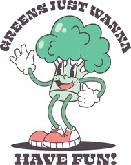 Groovy cartoon retro broccoli character
