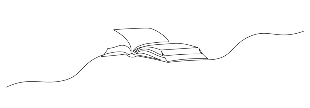 One continuous line drawing of Opened book with pages. Education in school and library studying in simple linear style. Writing draft business in Editable stroke. Doodle contour vector illustration