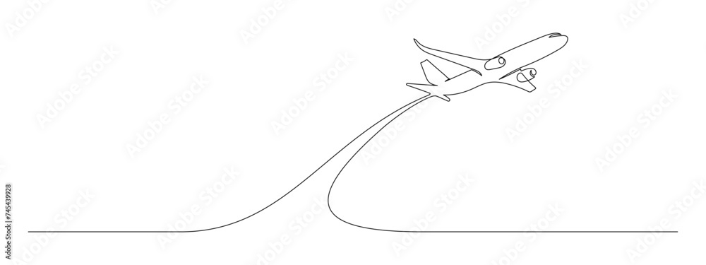 Poster one continuous line drawing of airplane path. business concept of world travel and international fli