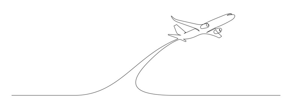 One continuous line drawing of Airplane path. Business Concept of world travel and international flight airline in simple linear style. Aircraft trip in Editable stroke. Doodle vector illustration