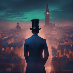 historical portrait of a 19th century gentleman in a suit, with London in the background