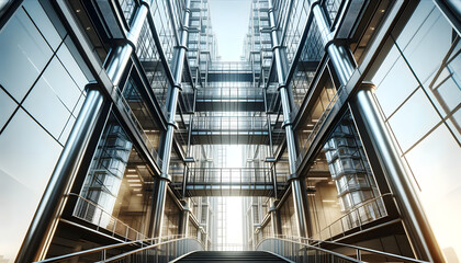 Obraz premium Symmetrical view of a modern pedestrian bridge connecting sleek office buildings