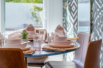 Set kitchen dining table with place settings