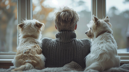 man and his two dogs looking out the window - obrazy, fototapety, plakaty