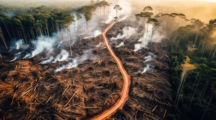 Deciduous forests devastated by deforestation, portraying the environmental toll and destruction of...