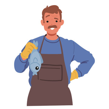 Farmer Character, Smiling Broadly, Stands In Apron With Arm Akimbo, Holding Freshly Caught Fish, Vector Illustration