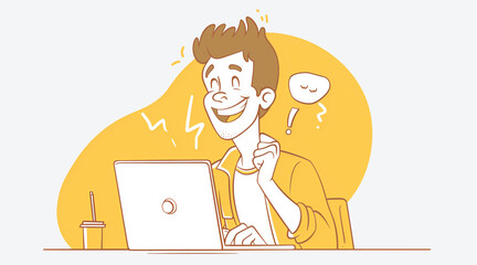 An entrepreneur who comes up with a brilliant idea while sitting in front of his computer remembers his idea with surprise and admiration. Illustration drawing style in white and yellow colors in cart