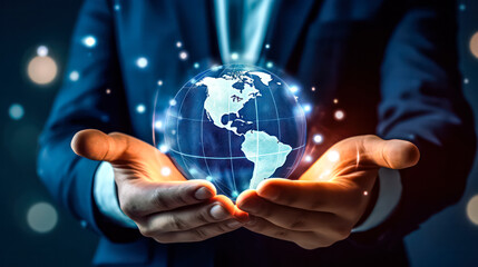 A businessman holds in his hands with a global connection concept, signifying energy saving initiatives.