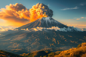 Smoking volcano in the distance - obrazy, fototapety, plakaty