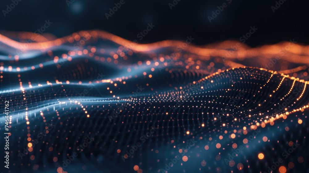 Wall mural cyber data in digital space, network surface abstract background. dots, lights and lines of secure t