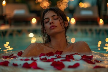 Woman relaxes in a luxurious spa bath adorned with rose petals, her face expressing tranquility...