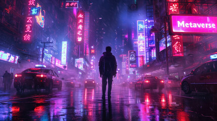 Lone man stands near neon sign Metaverse on cyberpunk city street, dark urban grungy town in rain. Concept of future, virtual reality, game, light, futuristic anime, dystopia