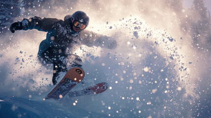 Fototapeta premium Skier in mask jumping on mountain slope on snowy background, man skiing downhill with splash of snow in winter. Concept of sport, spray, extreme, powder, resort, piste