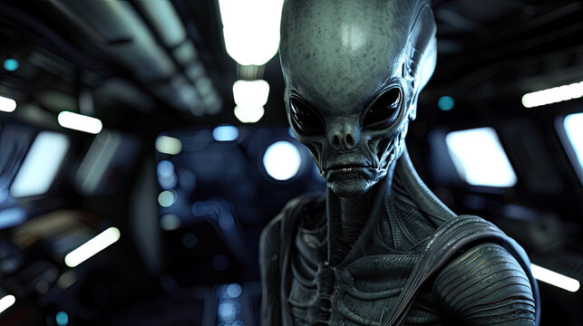 Scary alien with big black eyes inside spaceship, portrait of spooky extraterrestrial humanoid in dark spacecraft. Concept of future, space, sci-fi, ufo, interior, character