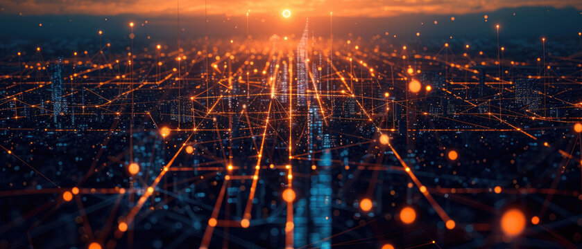 Network in smart city at sunset, aerial view of cityscape and communication lines, abstract energy lights of modern buildings. Concept of connect, iot, future, technology, background.