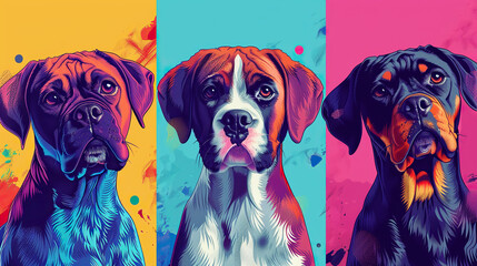 different breeds of dog on vibrant multicolor background - obrazy, fototapety, plakaty