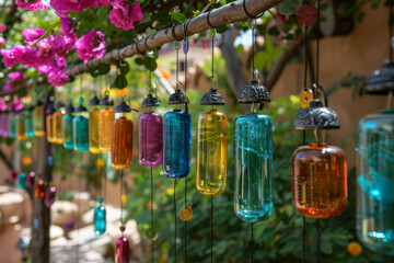 Colorful glass wind chimes hanging in a garden