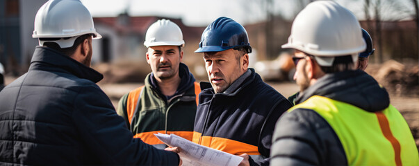 Professional engineers discussing about blueprints and effectivity at construction site