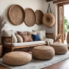 The living room's interior design features a chic pouf, picture frames, carpet decorations, slippers, pillows, blankets, an ethnic rattan basket filled with dried flowers, a wooden screen, and tastefu