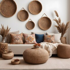 Fototapeta na wymiar The living room's interior design features a chic pouf, picture frames, carpet decorations, slippers, pillows, blankets, an ethnic rattan basket filled with dried flowers, a wooden screen, and tastefu